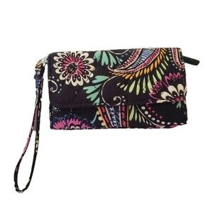 VERA BRADLEY Bandana Swirl Wristlet Wallet W Strap Black Pink Floral Paisley